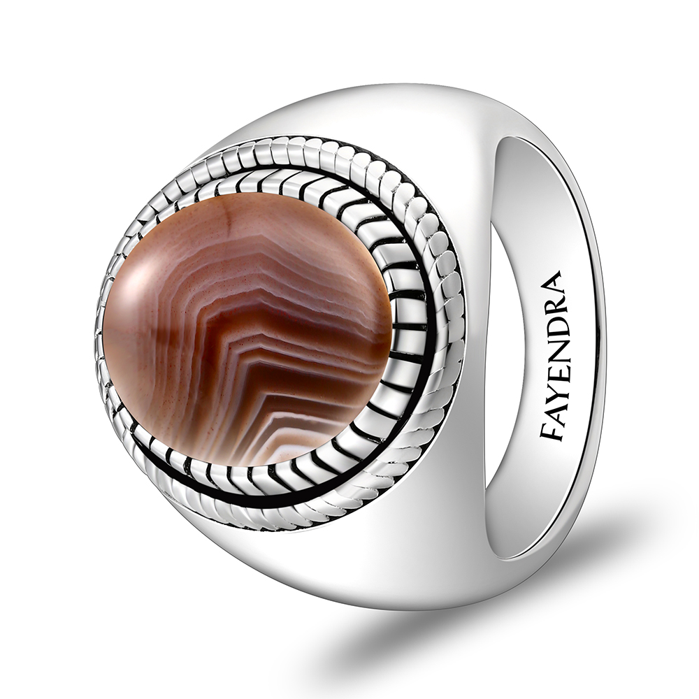 Sterling Silver 925 Ring Rhodium Plated Embedded With BOTSWANA AGATE