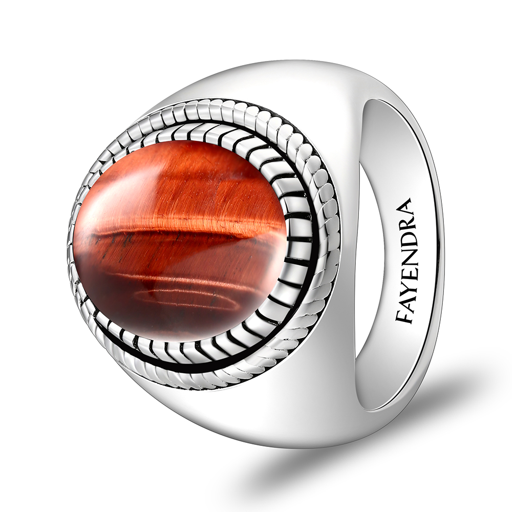 Sterling Silver 925 Ring Rhodium Plated Embedded With RED TIGER EYE