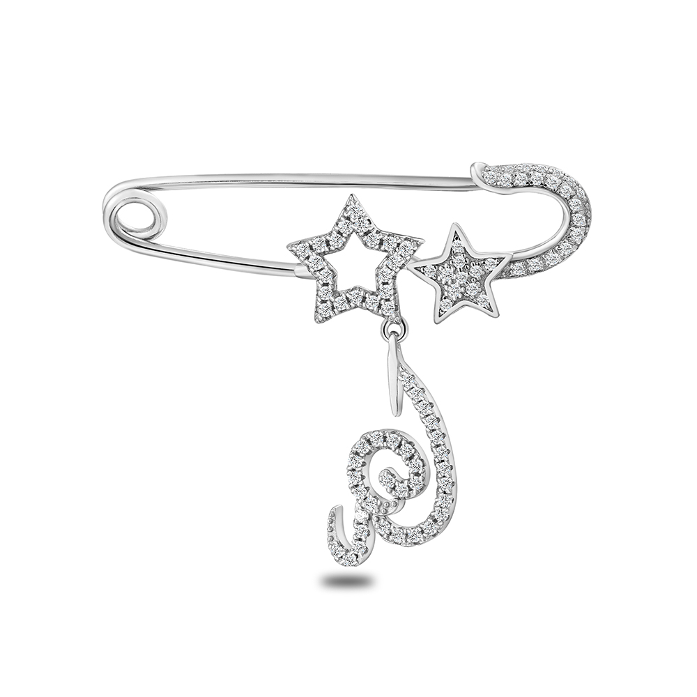 Sterling Silver 925 Baby Brooch Rhodium Plated Embedded With White Zircon