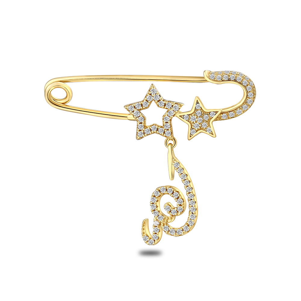 Sterling Silver 925 Baby Brooch Golden Plated Embedded With White Zircon