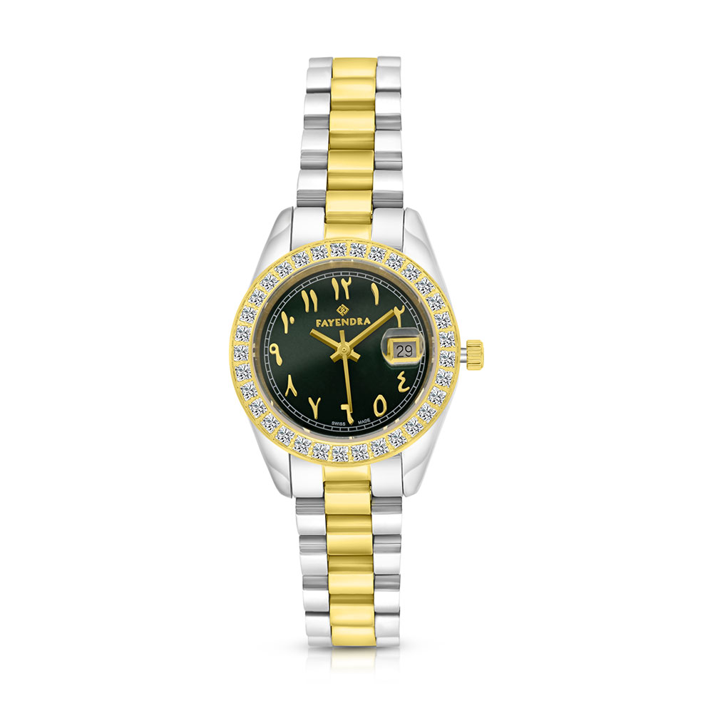 Stainless Steel 316 Watch Steel And Golden Color Embedded With White Zircon - GREEN DIAL