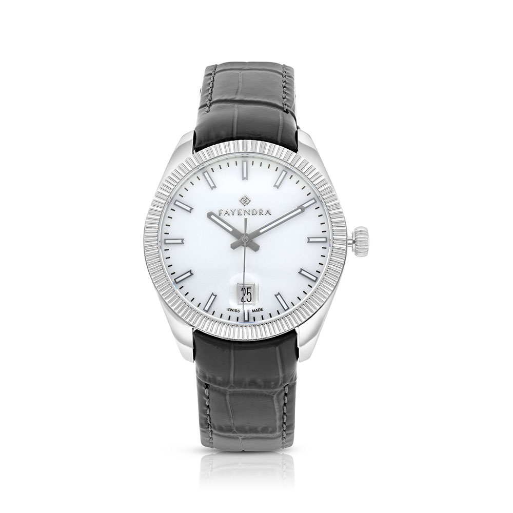 ساعة رجالي ستانلس ستيل عيار 316 جلد اسود SILVER DIAL