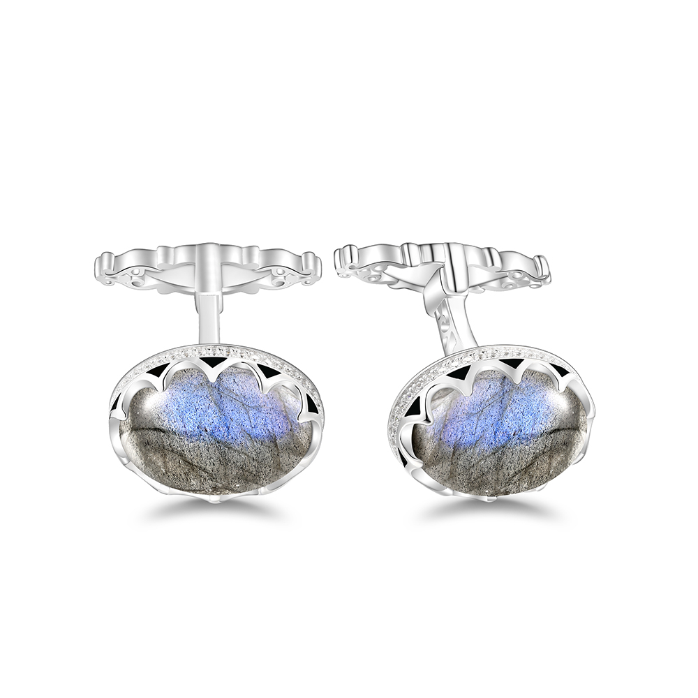 Sterling Silver 925 Cufflink Rhodium Plated Embedded With Labrodite And White CZ