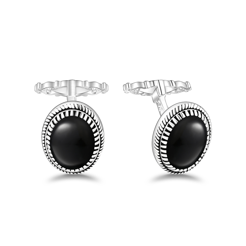 Sterling Silver 925 Cufflink Rhodium Plated Embedded With Black Agate