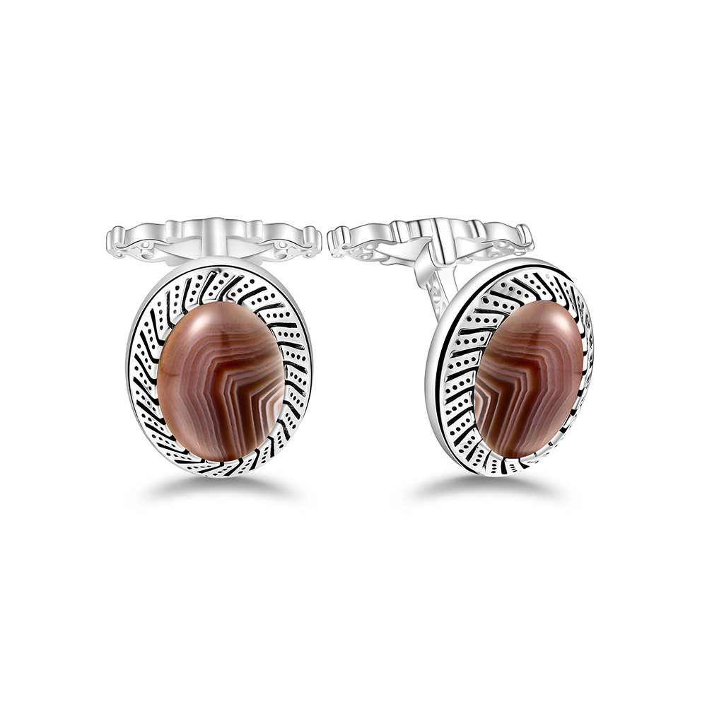 Sterling Silver 925 Cufflink Rhodium Plated Embedded With Botswana Agate