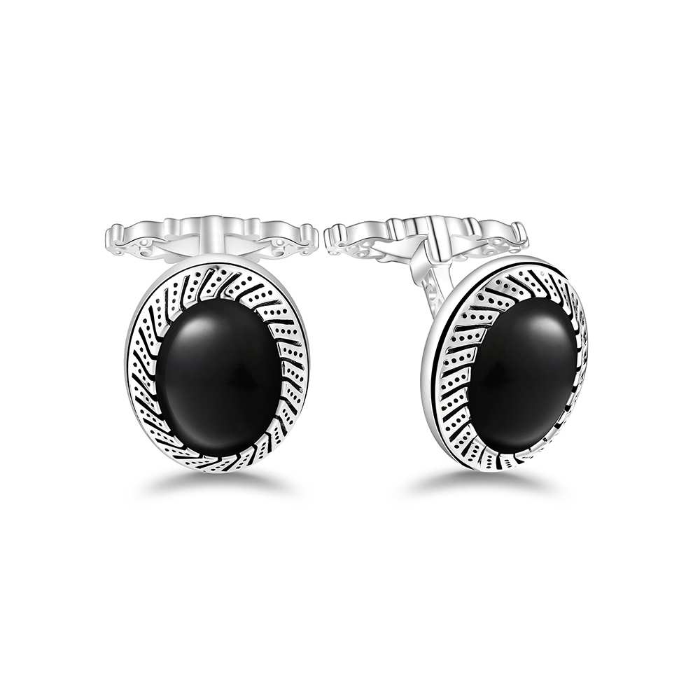 Sterling Silver 925 Cufflink Rhodium Plated Embedded With Black Agate