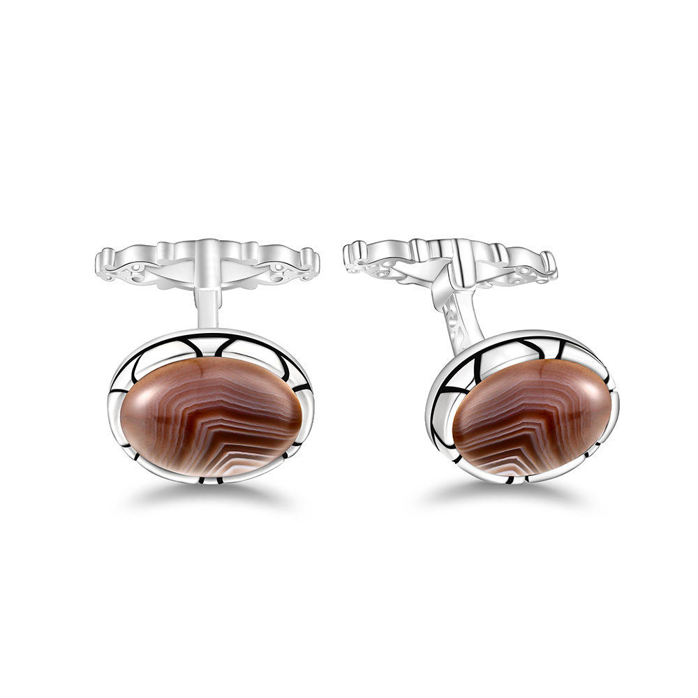 Sterling Silver 925 Cufflink Rhodium Plated Embedded With Botswana Agate