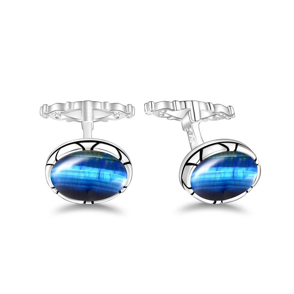 Sterling Silver 925 Cufflink Rhodium Plated Embedded With Blue Tiger Eye