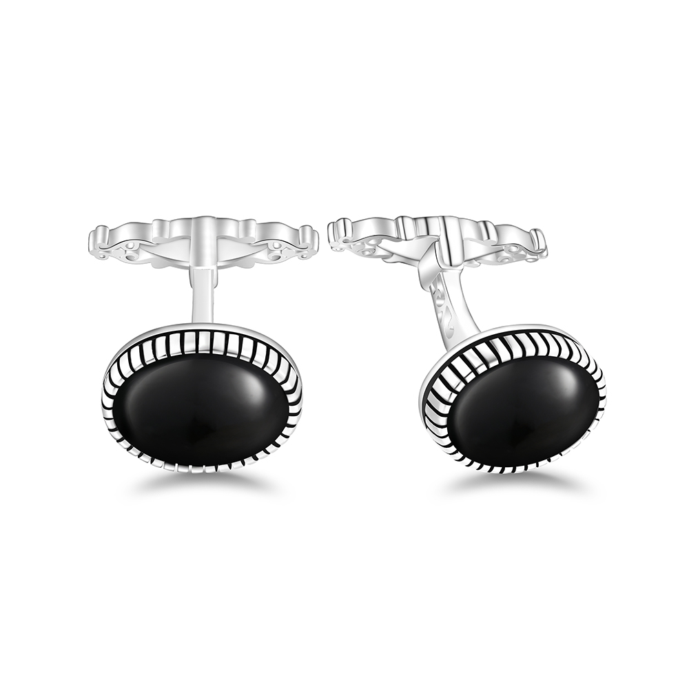 Sterling Silver 925 Cufflink Rhodium Plated Embedded With Black Agate