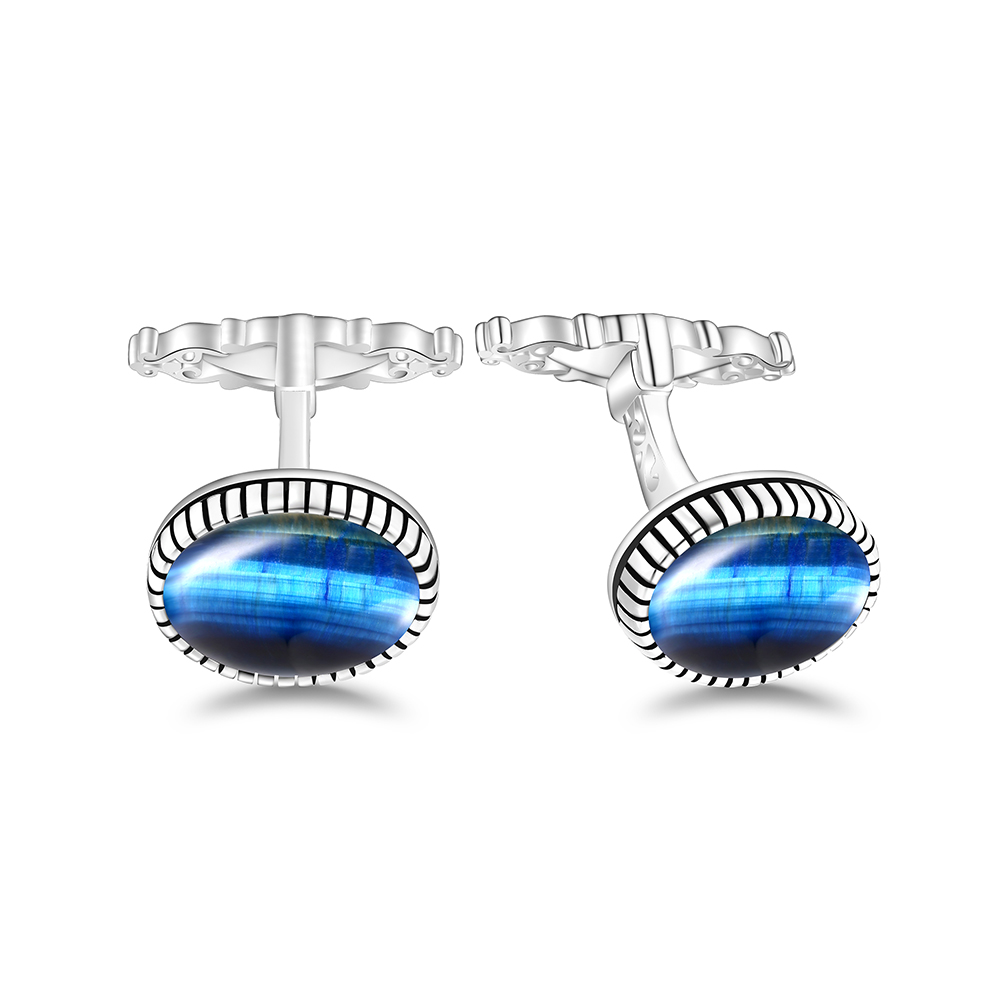 Sterling Silver 925 Cufflink Rhodium Plated Embedded With Blue Tiger Eye