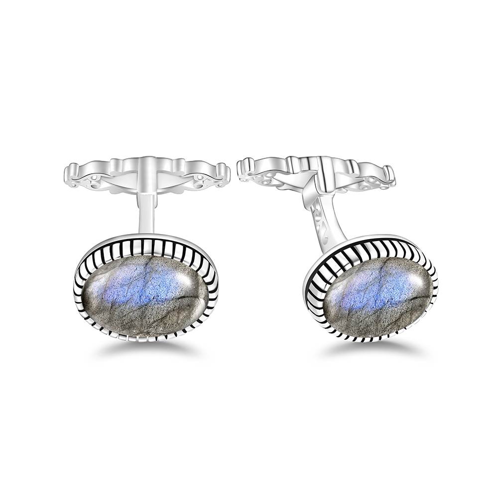 Sterling Silver 925 Cufflink Rhodium Plated Embedded With Labrodite