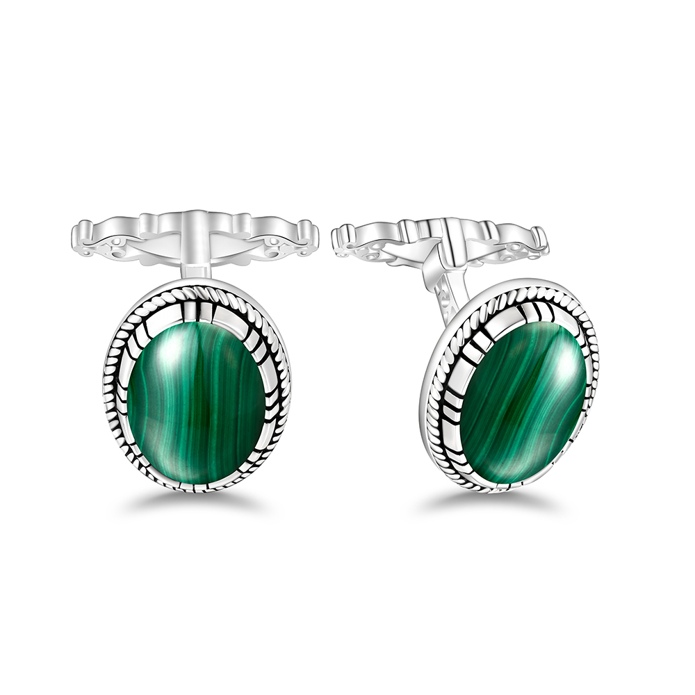 Sterling Silver 925 Cufflink Rhodium Plated Embedded With Malachite