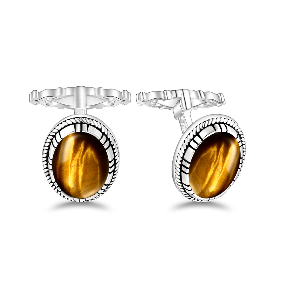 Sterling Silver 925 Cufflink Rhodium Plated Embedded With Yellow Tiger Eye