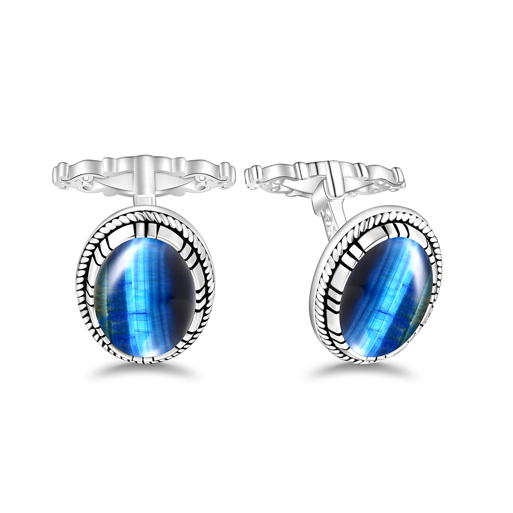 Sterling Silver 925 Cufflink Rhodium Plated Embedded With Blue Tiger Eye