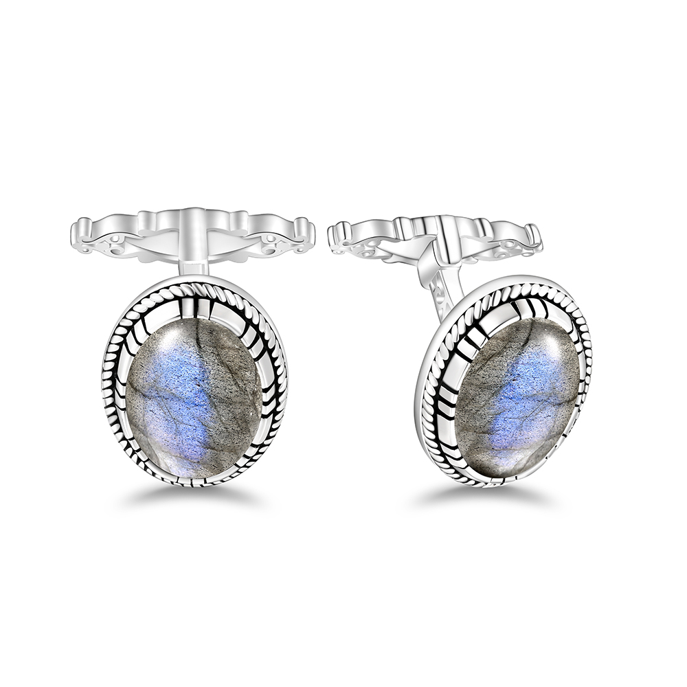 Sterling Silver 925 Cufflink Rhodium Plated Embedded With Labrodite