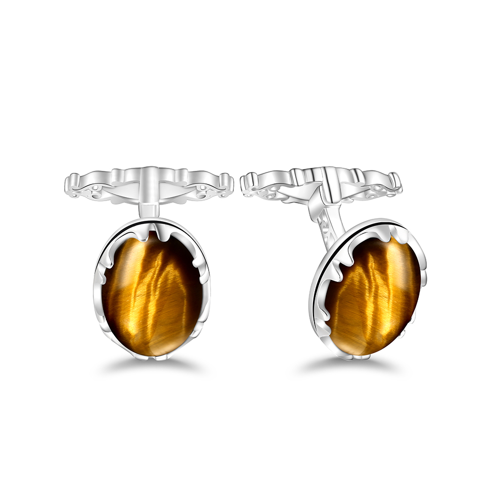 Sterling Silver 925 Cufflink Rhodium Plated Embedded With Yellow Tiger Eye