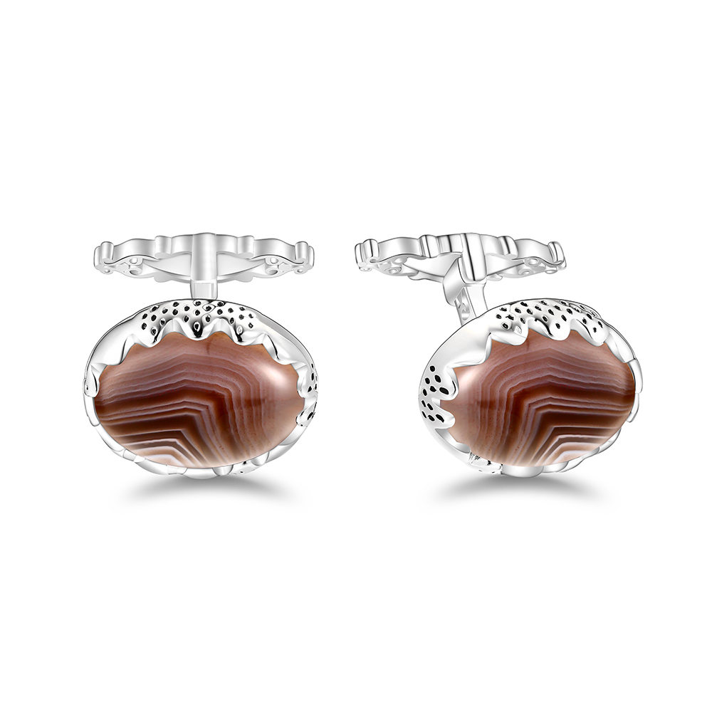 Sterling Silver 925 Cufflink Rhodium Plated Embedded With Botswana Agate