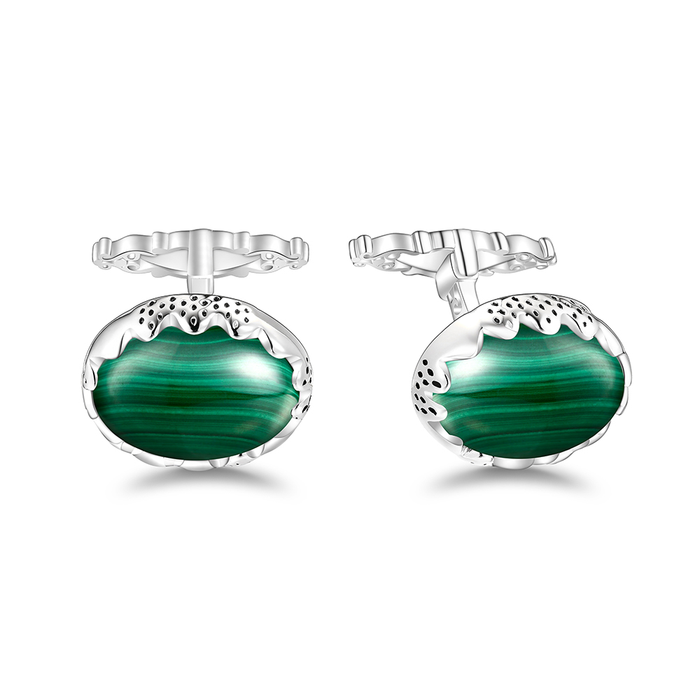 Sterling Silver 925 Cufflink Rhodium Plated Embedded With Malachite