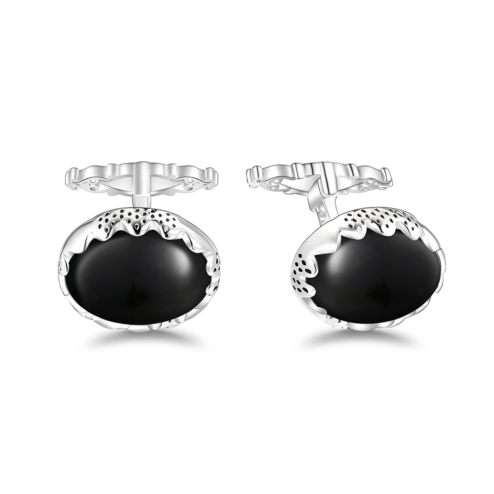 Sterling Silver 925 Cufflink Rhodium Plated Embedded With Black Agate