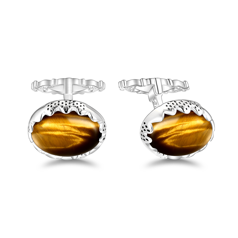 Sterling Silver 925 Cufflink Rhodium Plated Embedded With Yellow Tiger Eye