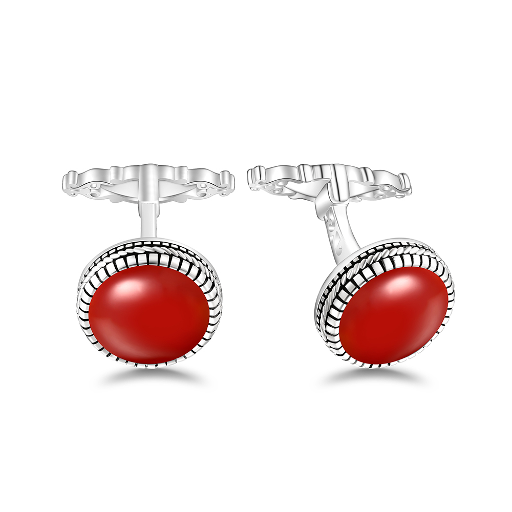 Sterling Silver 925 Cufflink Rhodium Plated Embedded With Red Agate