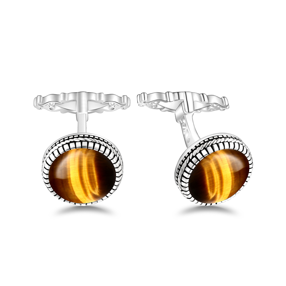 Sterling Silver 925 Cufflink Rhodium Plated Embedded With Yellow Tiger Eye