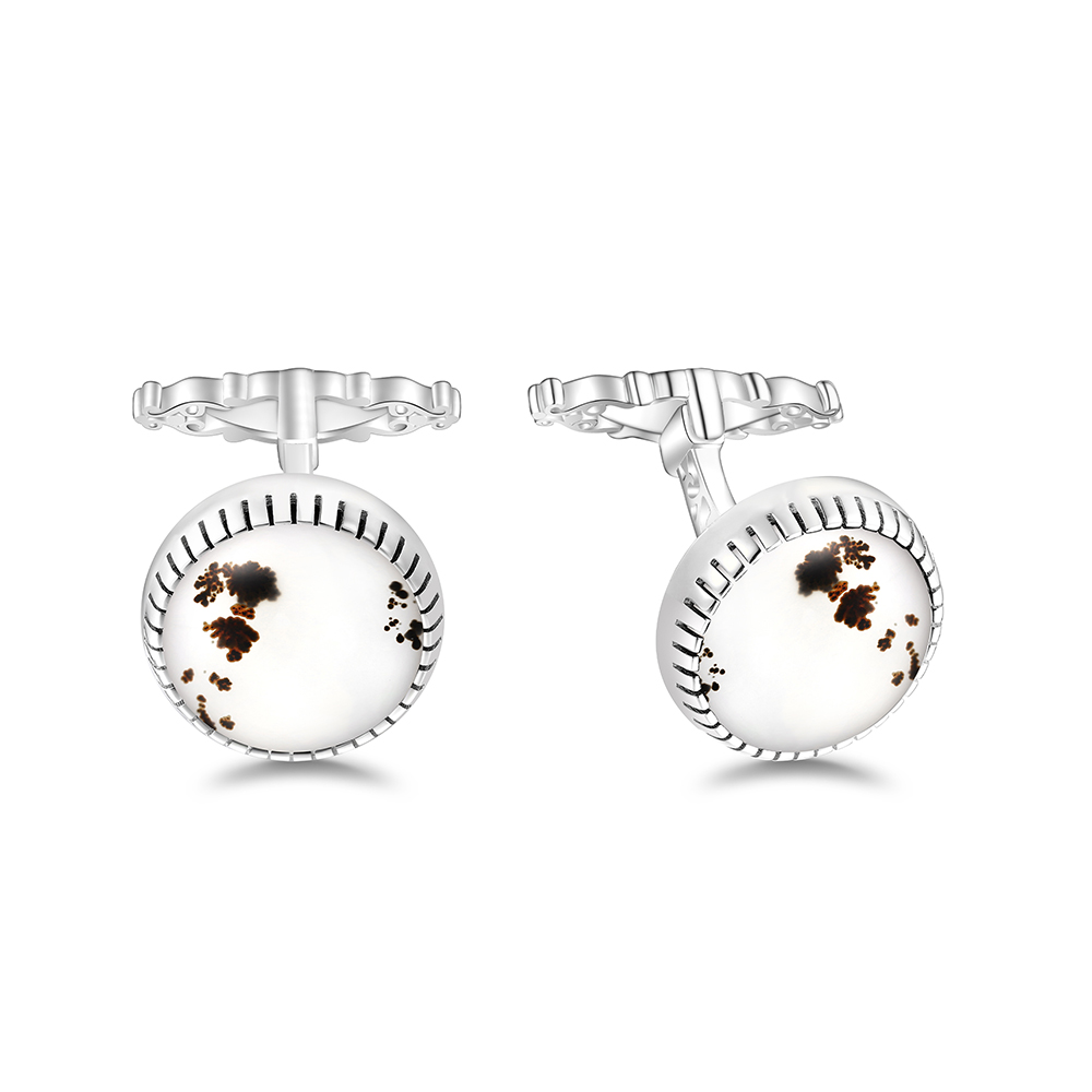 Sterling Silver 925 Cufflink Rhodium Plated Embedded With Natural Agate