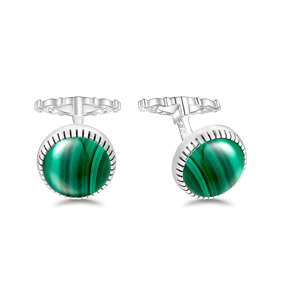 Sterling Silver 925 Cufflink Rhodium Plated Embedded With Malachite