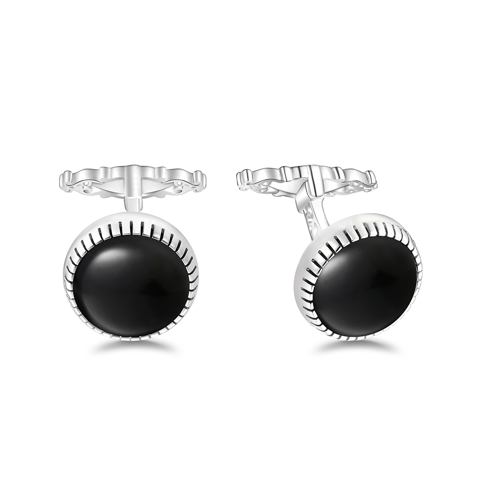 Sterling Silver 925 Cufflink Rhodium Plated Embedded With Black Agate