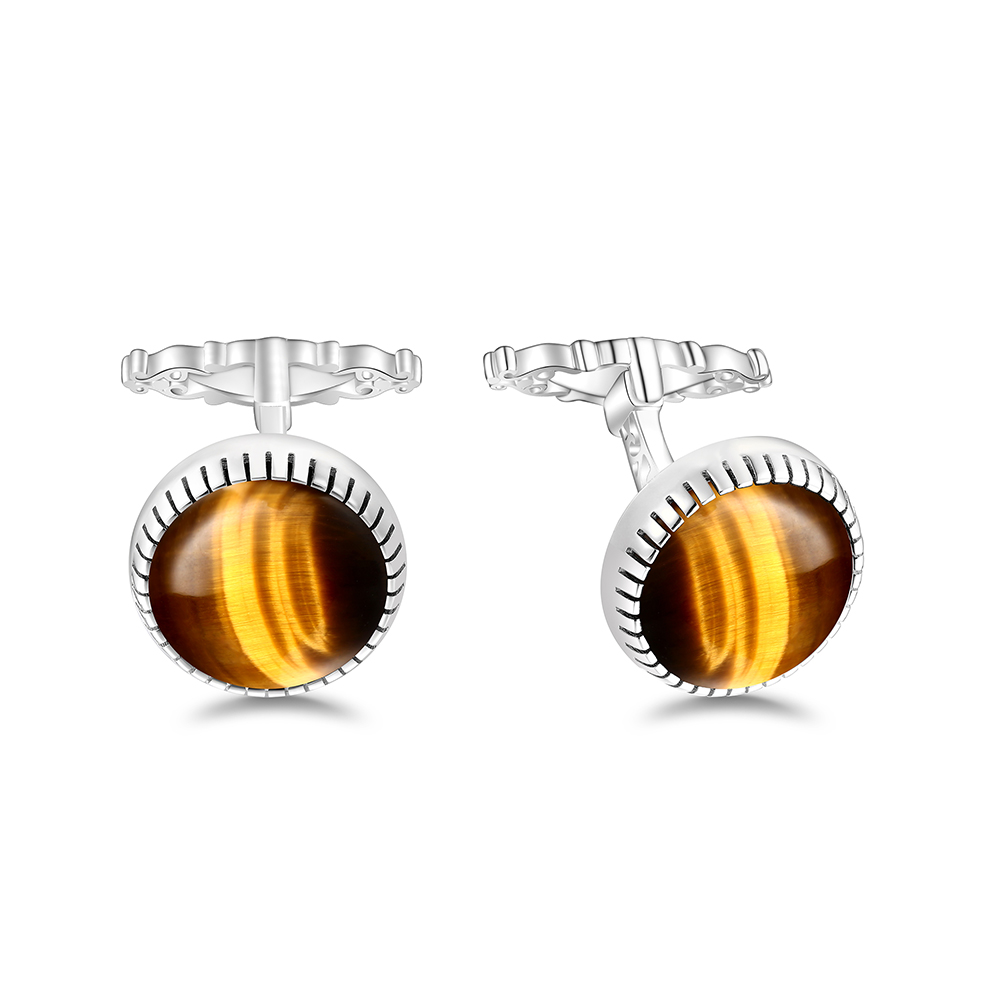 Sterling Silver 925 Cufflink Rhodium Plated Embedded With Yellow Tiger Eye