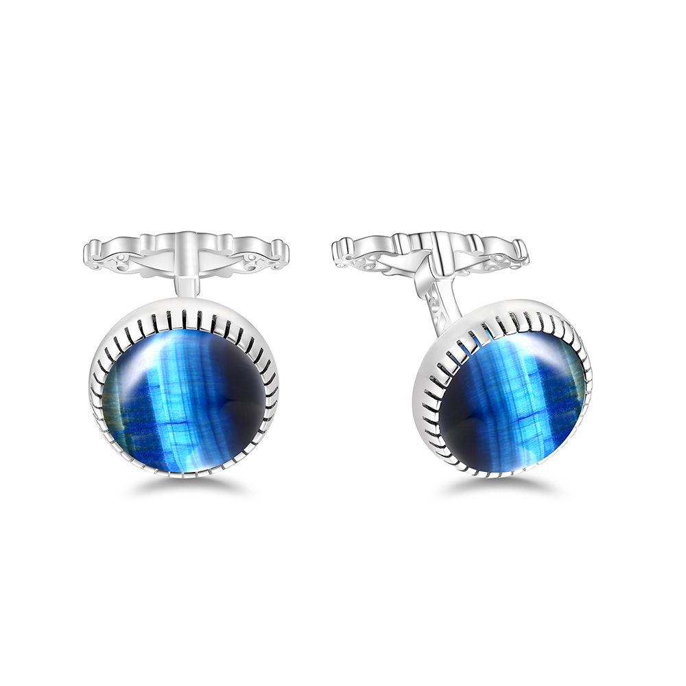 Sterling Silver 925 Cufflink Rhodium Plated Embedded With Blue Tiger Eye