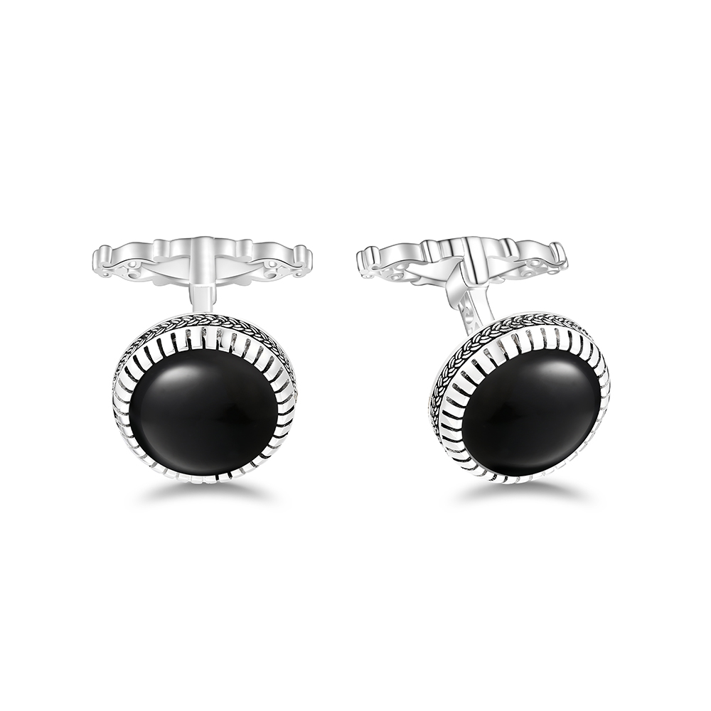 Sterling Silver 925 Cufflink Rhodium Plated Embedded With Black Agate