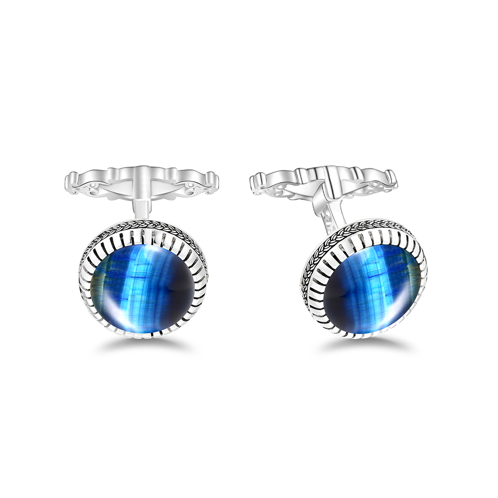 Sterling Silver 925 Cufflink Rhodium Plated Embedded With Blue Tiger Eye