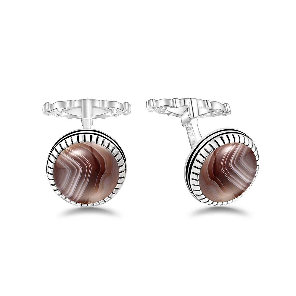 Sterling Silver 925 Cufflink Rhodium Plated Embedded With Botswana Agate