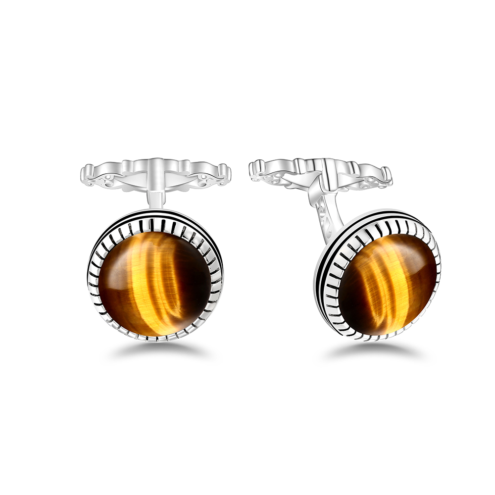 Sterling Silver 925 Cufflink Rhodium Plated Embedded With Yellow Tiger Eye