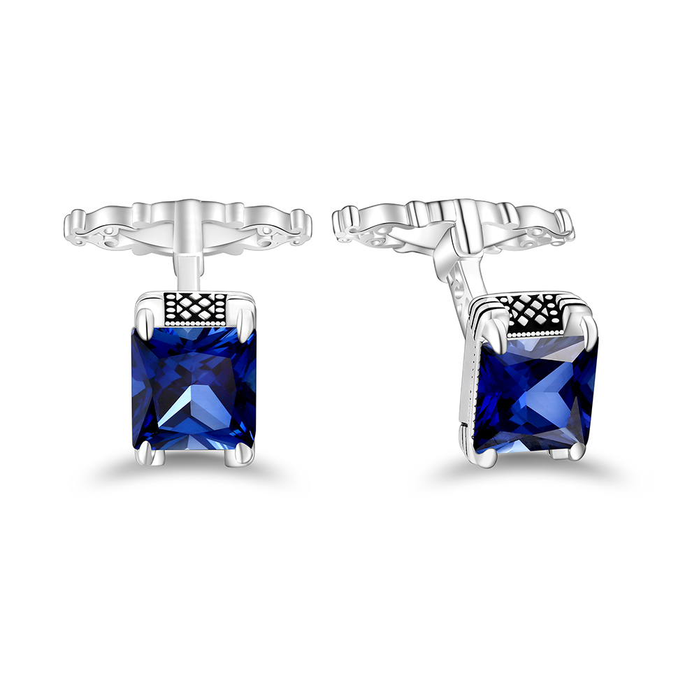 Sterling Silver 925 Cufflink Rhodium Plated Embedded With Sapphire Corundum