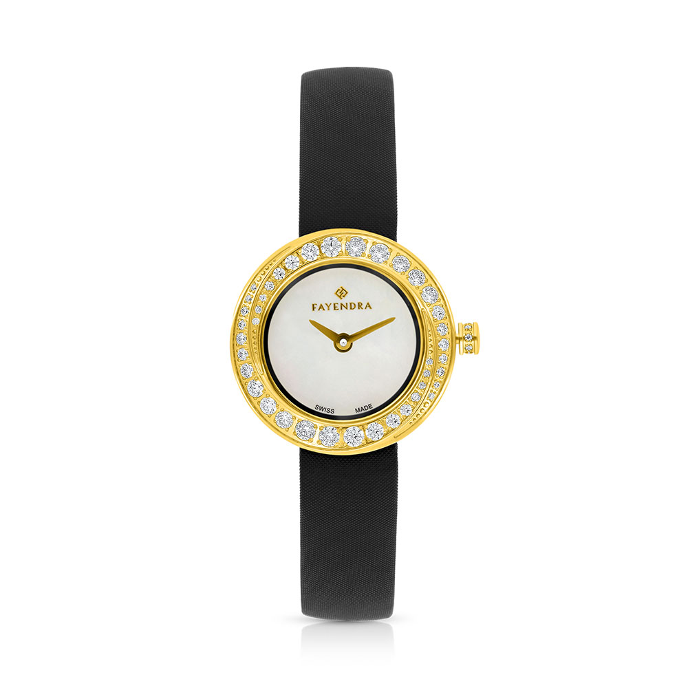 Stainless Steel 316 Watch Golden Color Embedded With Black Leather And White Zircon - MOP DIAL