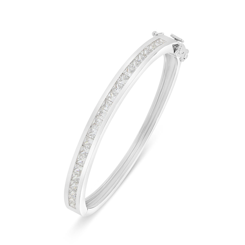 Sterling Silver 925 Bangle Rhodium Plated Embedded With White Zircon (54*48)M