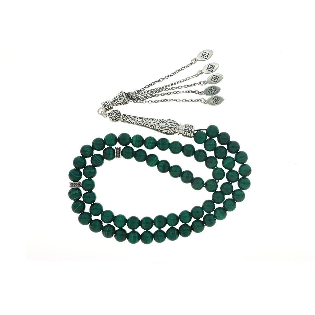 Rosary 66 Sterling Silver 925 Set Oxidized Decorated Embedded With Malachite Bead 7-8 ML LOGO