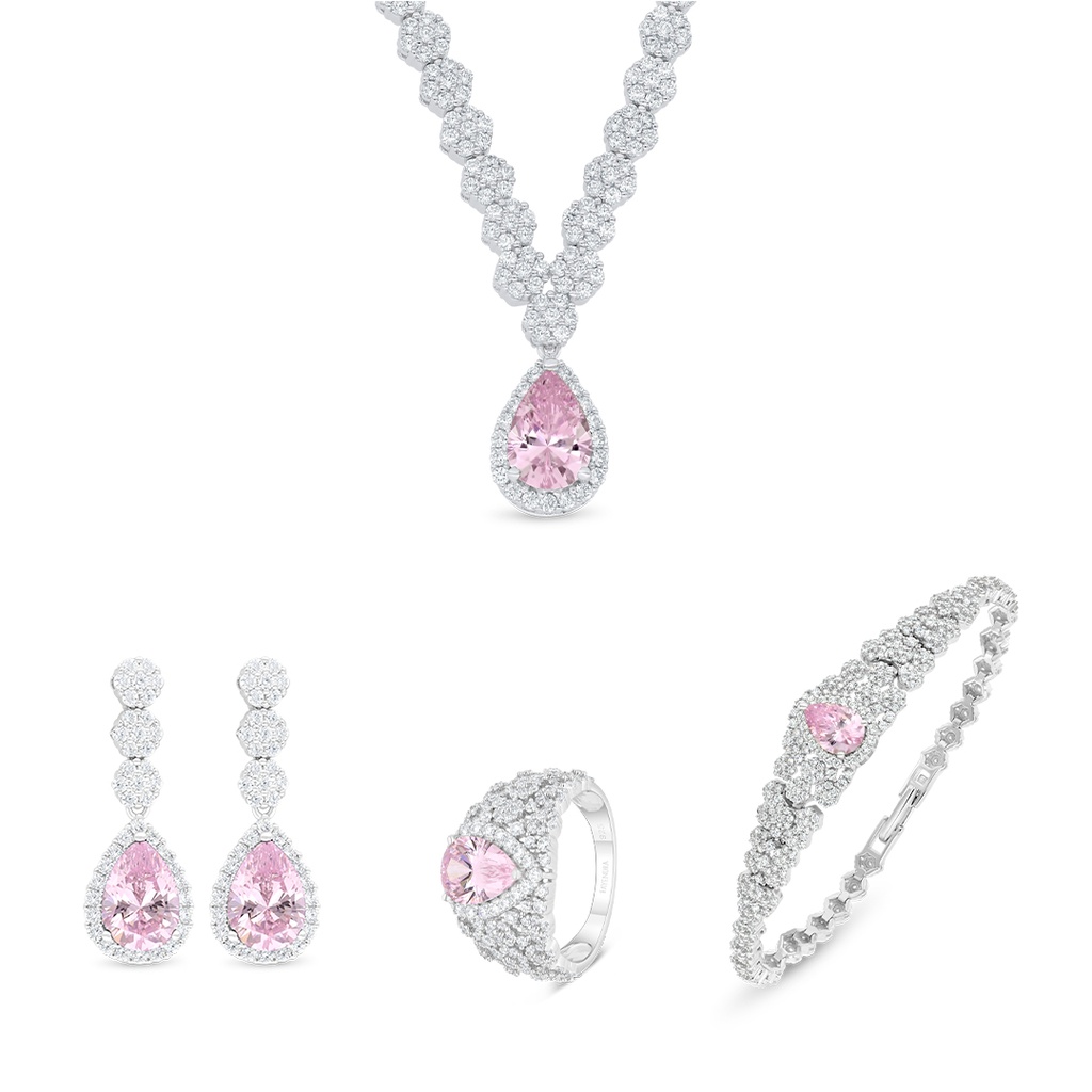 Sterling Silver 925 SET Rhodium Plated Embedded With pink  Zircon And White Zircon