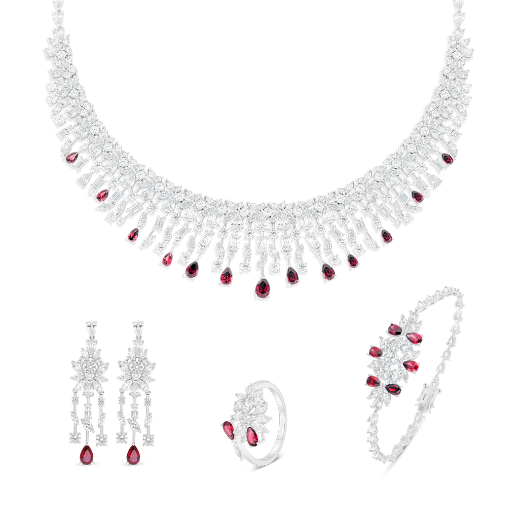 Sterling Silver 925 SET Rhodium Plated Embedded With Ruby Corundum And White Zircon