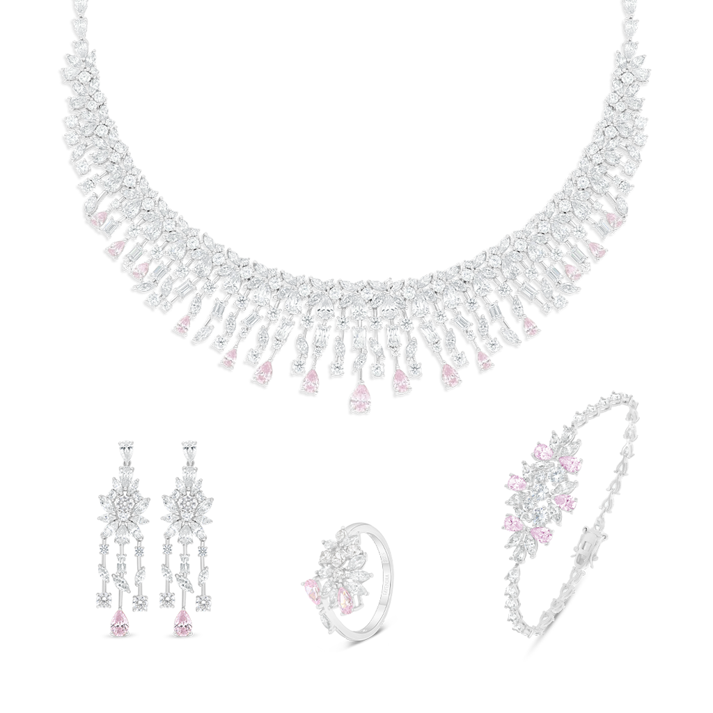 Sterling Silver 925 SET Rhodium Plated Embedded With pink  Zircon And White Zircon