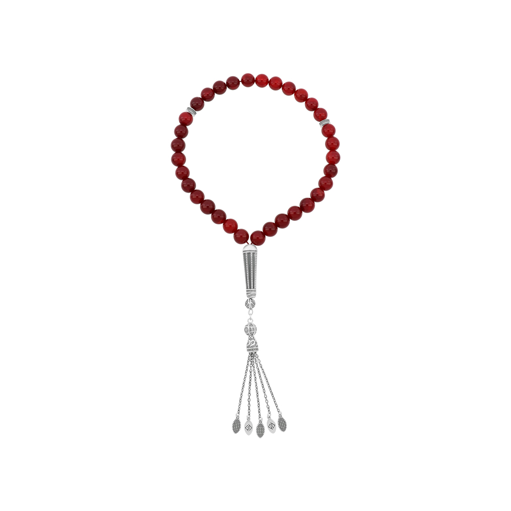 Rosary 33 Sterling Silver 925 Set Oxidized Decorated Embedded With Red Agate Cabochon Bead 10 ML LOGO