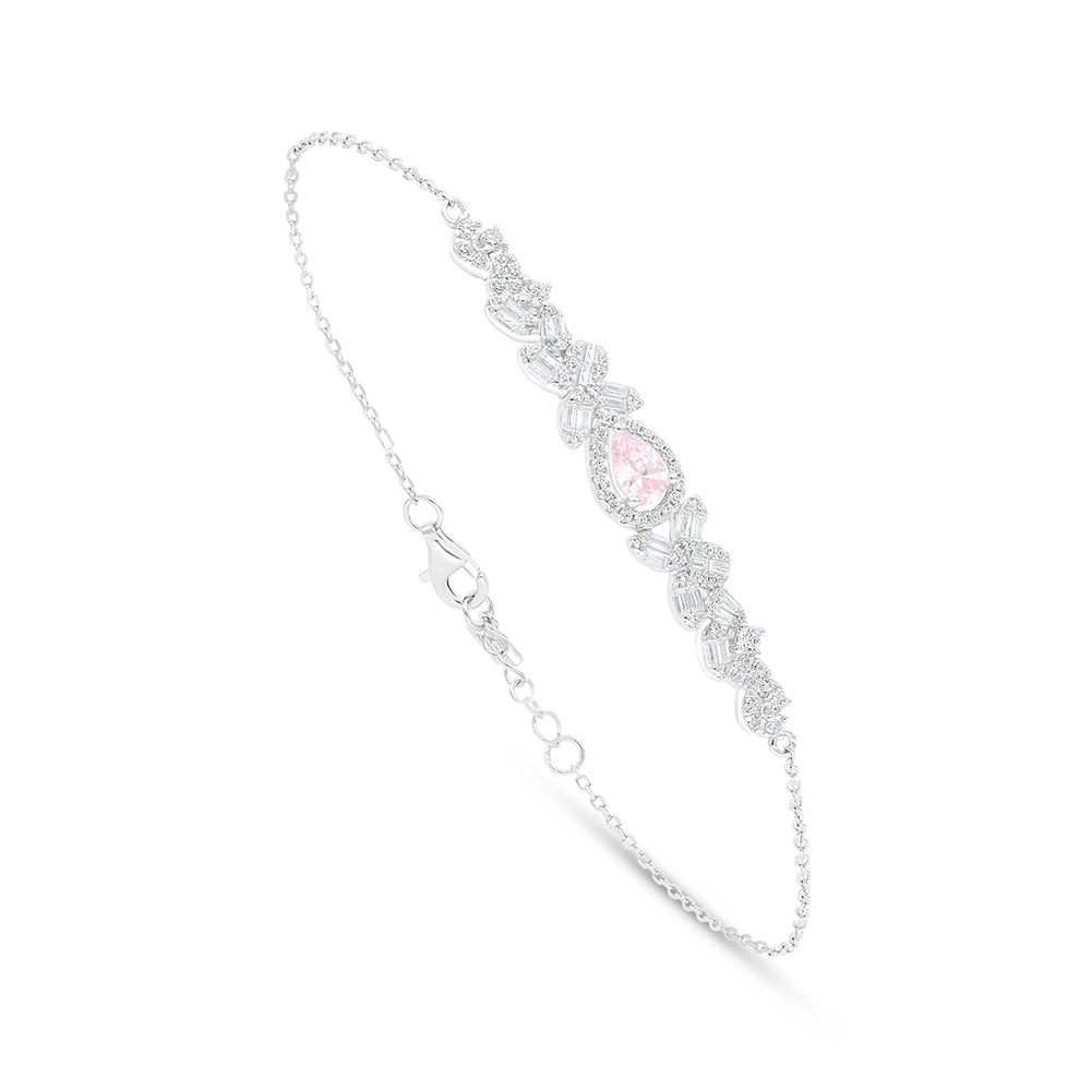 Sterling Silver 925 Bracelet Rhodium Plated Embedded With Pink Zircon And White Zircon