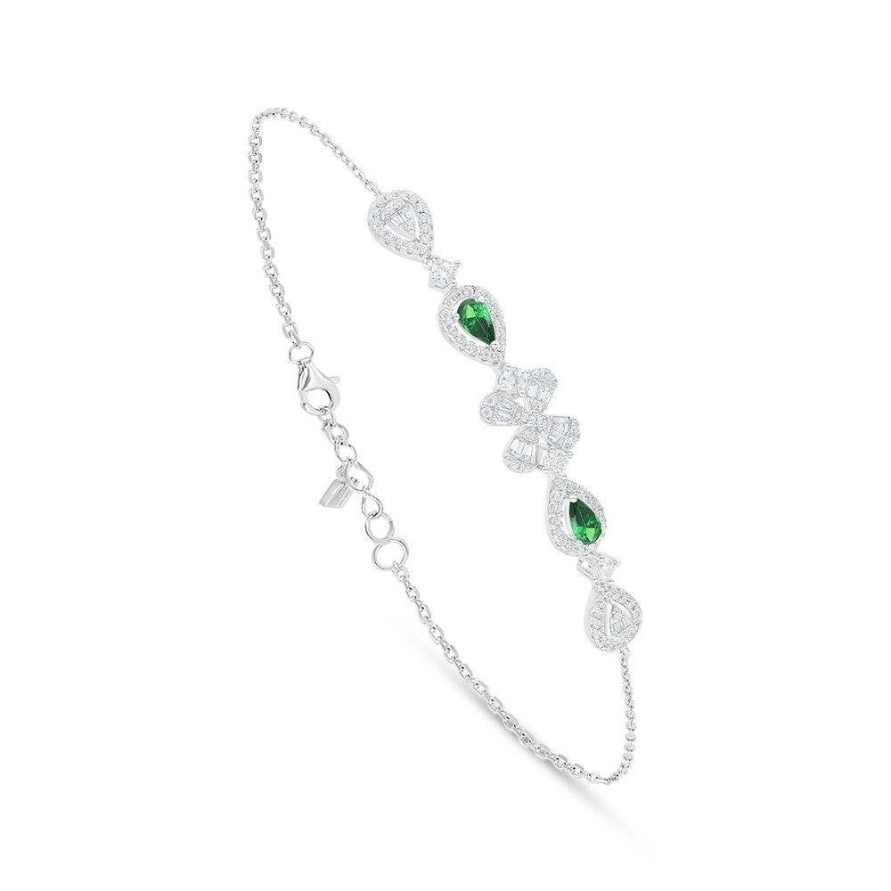 Sterling Silver 925 Bracelet Rhodium Plated Embedded With Emerald Zircon And White Zircon