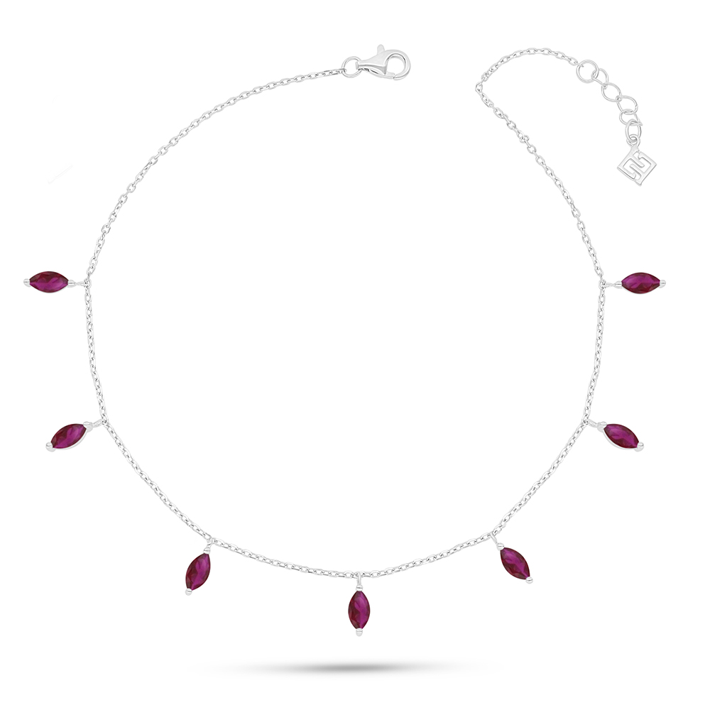 Sterling Silver 925 Anklet Rhodium Plated Embedded With Ruby Corundum 