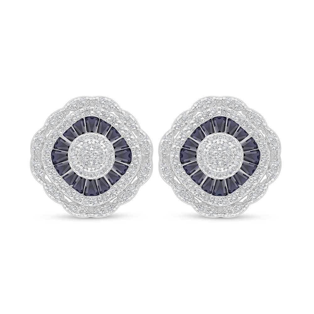 Sterling Silver 925 Earring Rhodium Plated Embedded With Sapphire Corundum And White Zircon