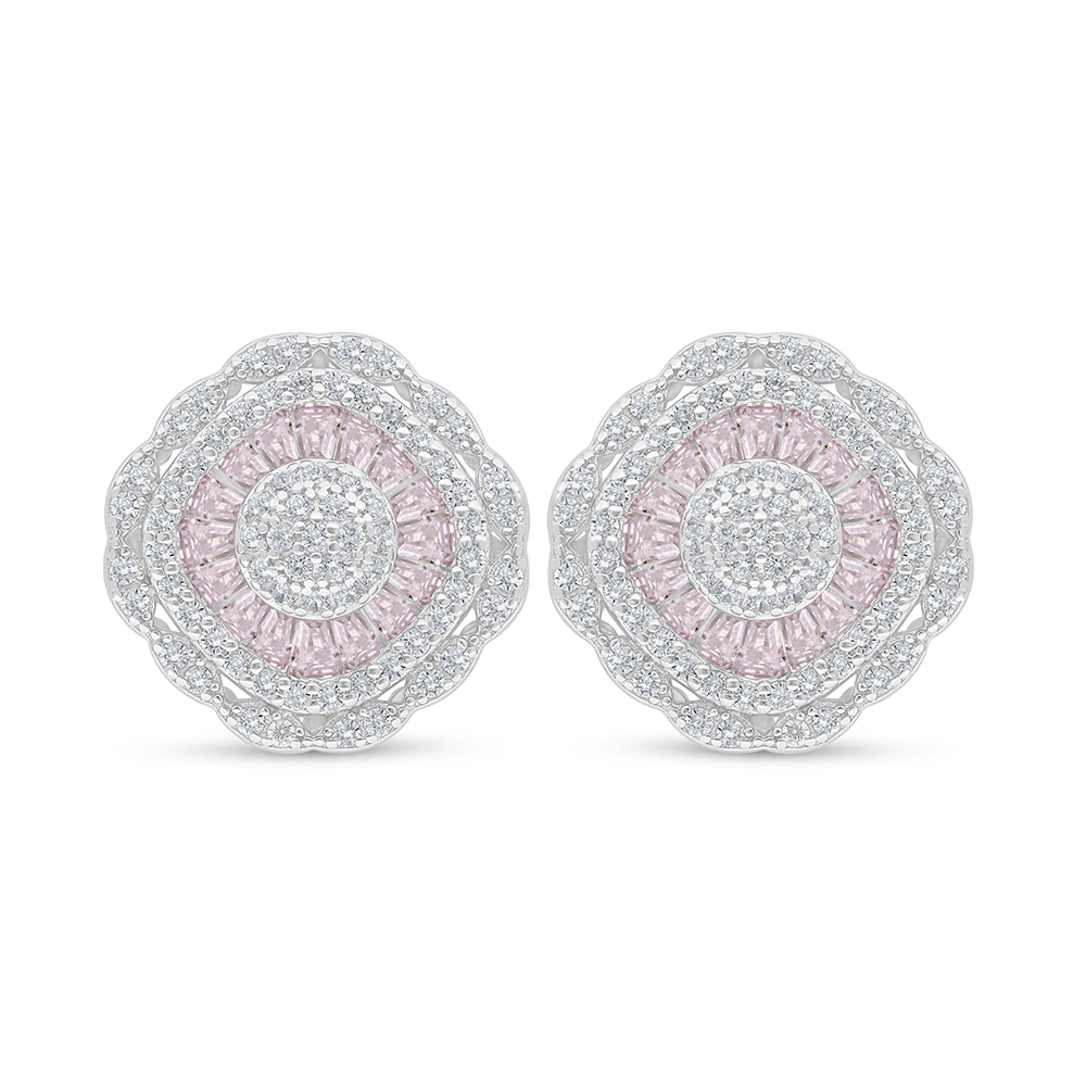 Sterling Silver 925 Earring Rhodium Plated Embedded With Pink Zircon And White Zircon