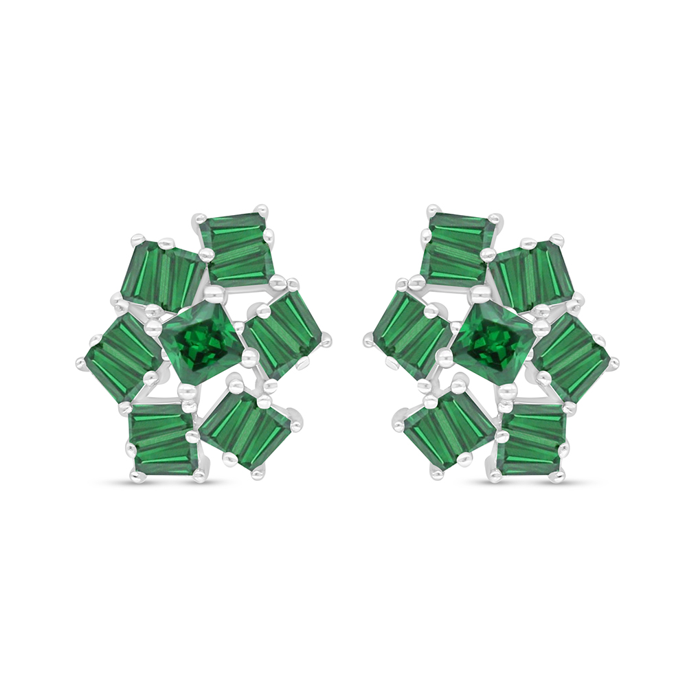 Sterling Silver 925 Earring Rhodium Plated Embedded With Emerald Zircon 