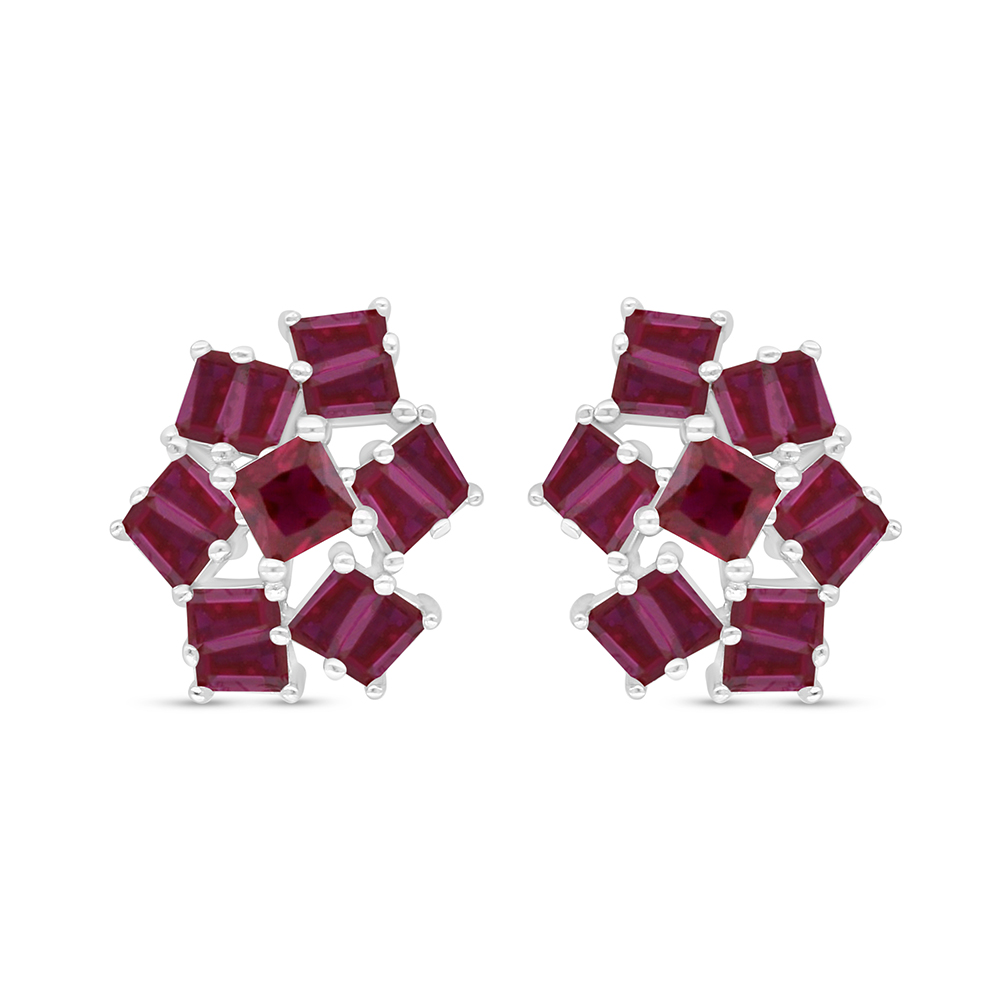 Sterling Silver 925 Earring Rhodium Plated Embedded With Ruby Corundum 